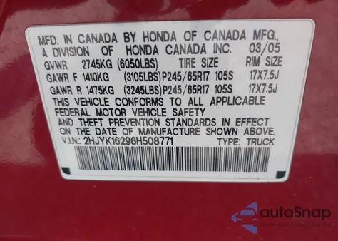 2006 Honda Ridgeline Rt из США, поврежденный, VIN 2HJYK16296H508771